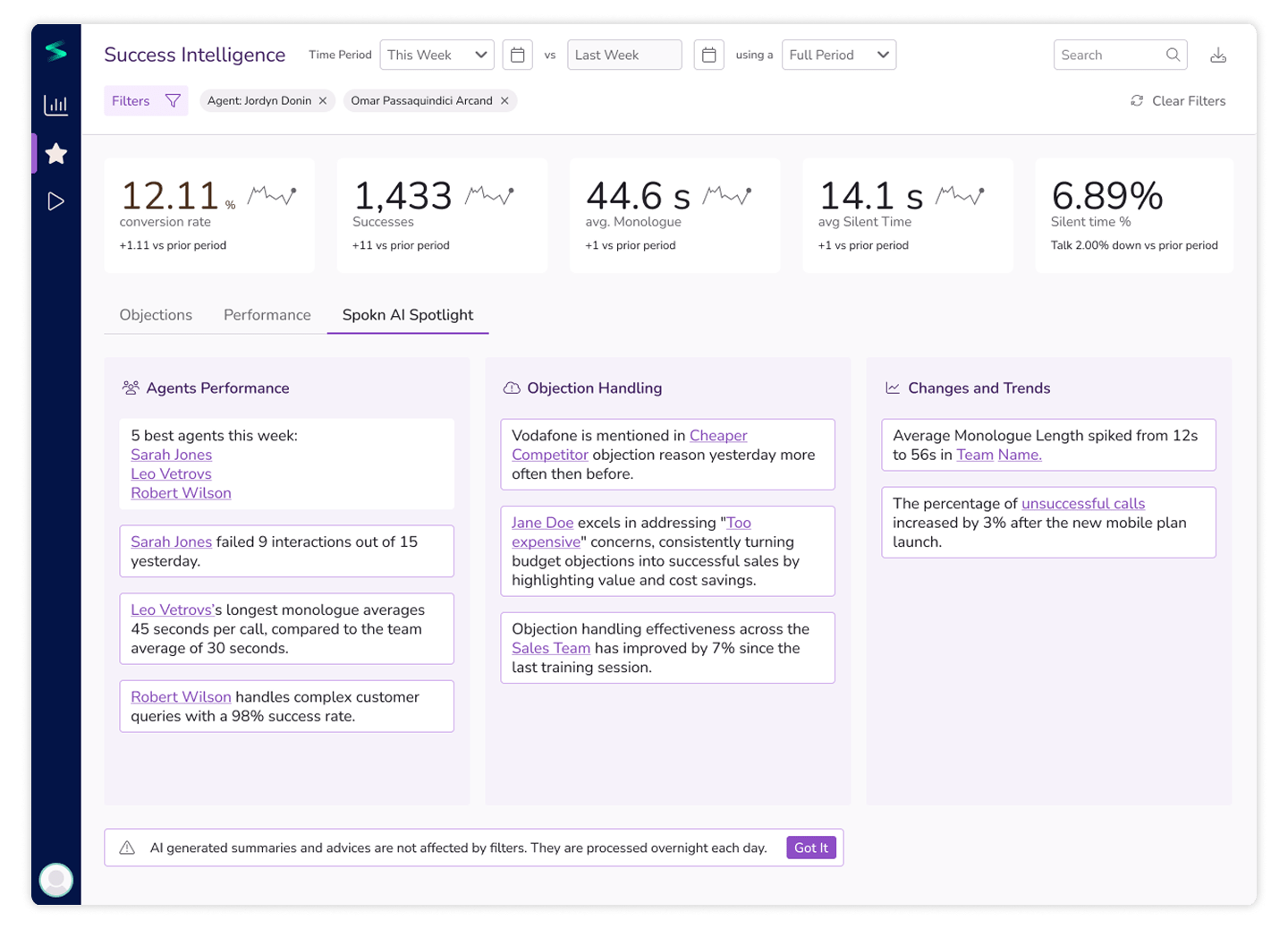 Objections shown on the interaction timeline