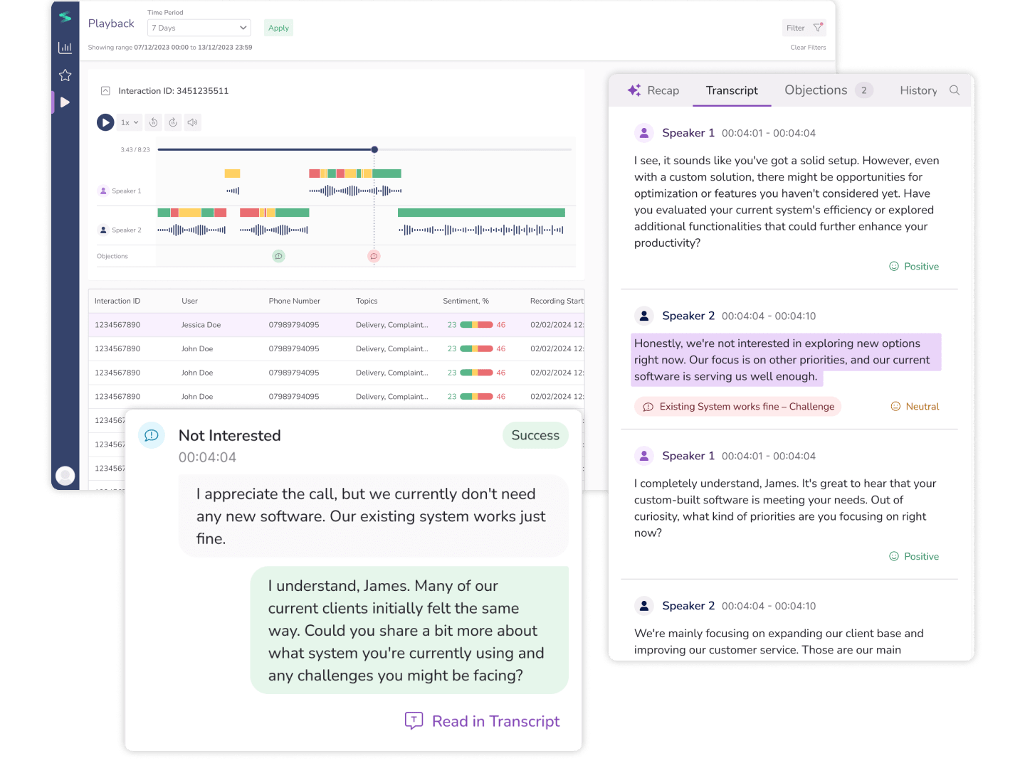 Objections shown on the interaction timeline