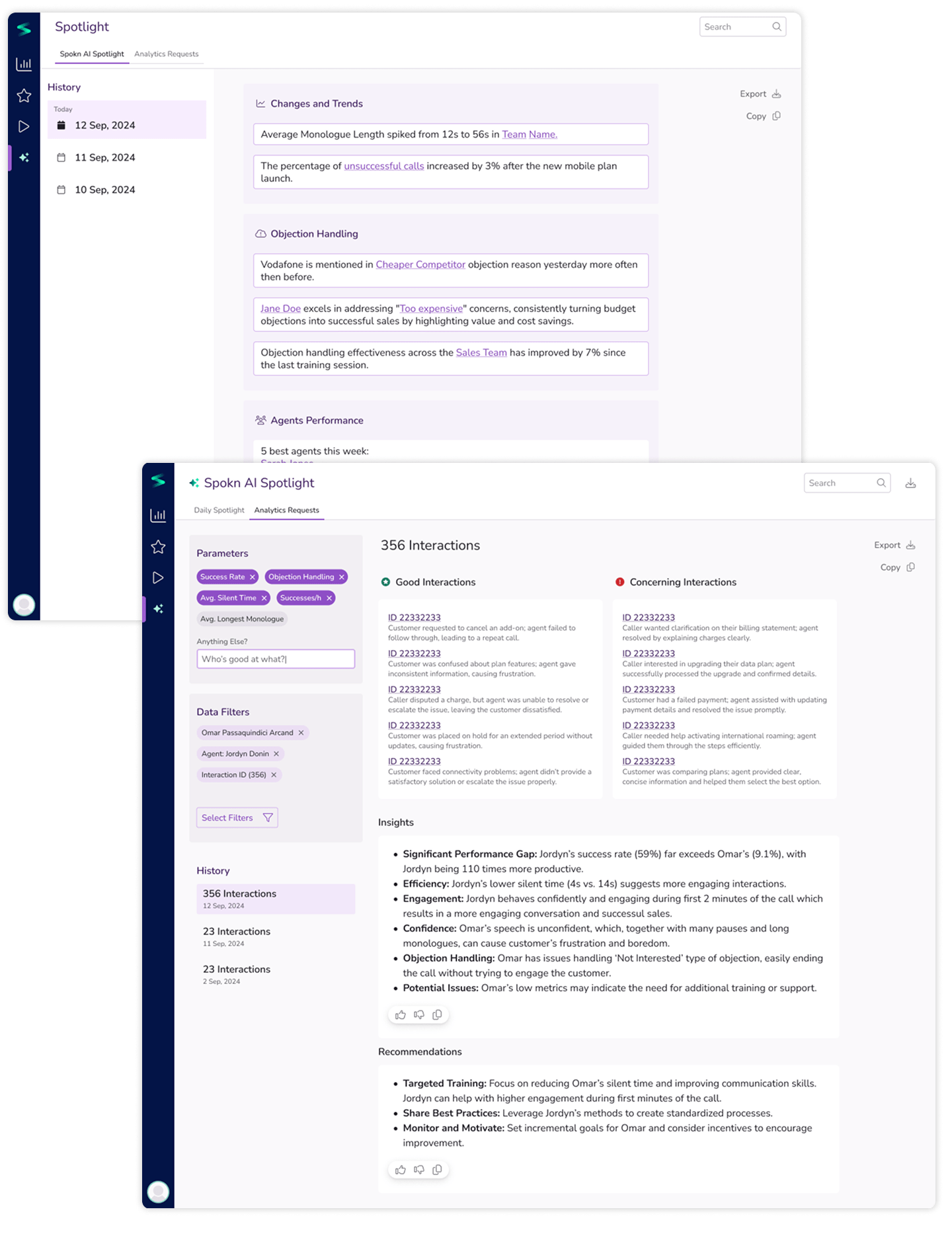 Objections shown on the interaction timeline