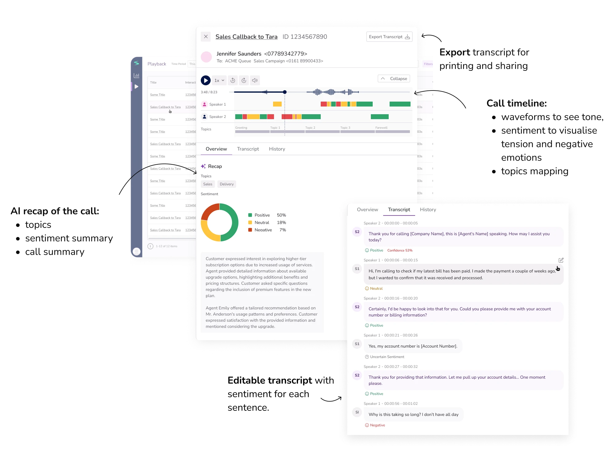 Player page, showing the recording visualisation and conversation transcript