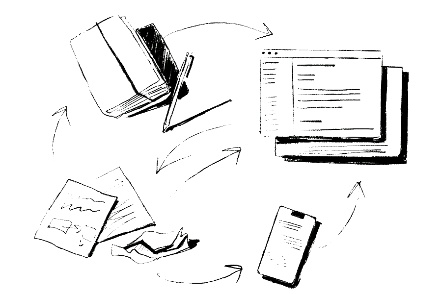 Books, notebooks, files and computers flying in the air